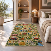 farm animal alphabet rug displayed in a bedroom in sunlight