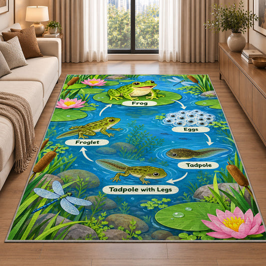 frog life cycle pond learning rug displayed in a sunlit lounge beside a sofa