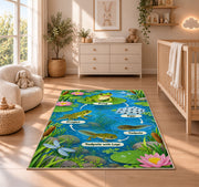 frog life cycle pond learning rug displayed in a nursery beside a crib