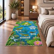frog life cycle pond learning rug displayed in a bedroom beside the bed