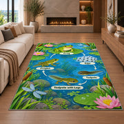 frog life cycle pond learning rug displayed in a living room with a fireplace