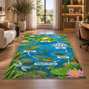 frog life cycle pond learning rug displayed in a lounge with wooden shelves