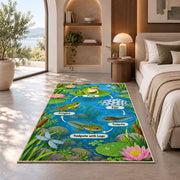 frog life cycle pond learning rug displayed in a bedroom in sunlight