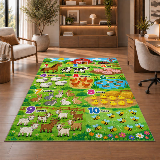 farm animal counting chart rug displayed in a living room with wooden shelves