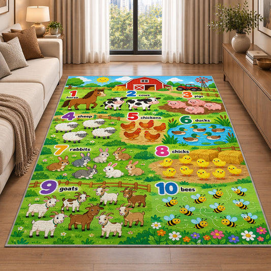 farm animal counting chart rug displayed in a sunlit lounge beside a sofa