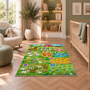 farm animal counting chart rug displayed in a nursery beside an upholstered chair