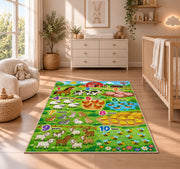 farm animal counting chart rug displayed in a nursery beside a crib