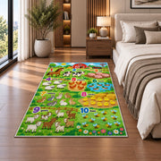 farm animal counting chart rug displayed in a bedroom beside the bed