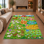 farm animal counting chart rug displayed in a living room with a fireplace