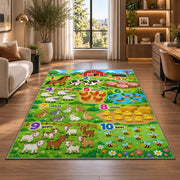 farm animal counting chart rug displayed in a lounge with wooden shelves