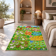 farm animal counting chart rug displayed in a bedroom in sunlight