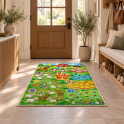 farm animal counting chart rug displayed in a entryway beside a wooden door