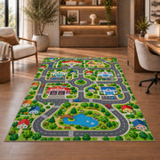 lakeside town road map rug displayed in a living room with wooden shelves