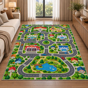 lakeside town road map rug displayed in a sunlit lounge beside a sofa