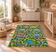 lakeside town road map rug displayed in a nursery beside a crib