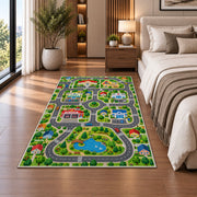 lakeside town road map rug displayed in a bedroom beside the bed