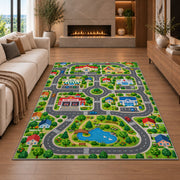 lakeside town road map rug displayed in a living room with a fireplace