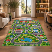 lakeside town road map rug displayed in a lounge with wooden shelves
