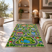 lakeside town road map rug displayed in a bedroom in sunlight