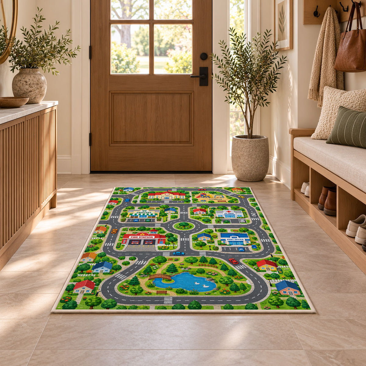 lakeside town road map rug displayed in a entryway beside a wooden door