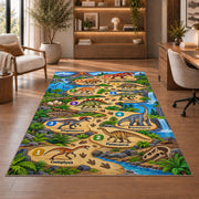 dinosaur footprint counting trail rug displayed in a living room with wooden shelves