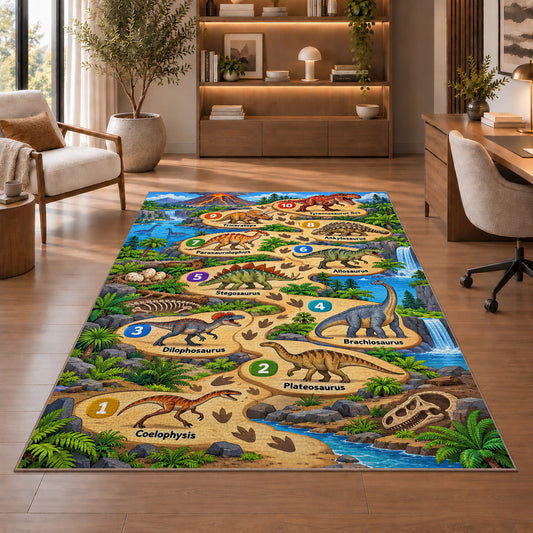 dinosaur footprint counting trail rug displayed in a living room with wooden shelves