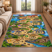 dinosaur footprint counting trail rug displayed in a sunlit lounge beside a sofa