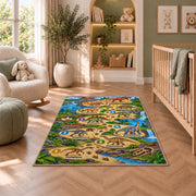 dinosaur footprint counting trail rug displayed in a nursery beside an upholstered chair