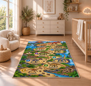 dinosaur footprint counting trail rug displayed in a nursery beside a crib