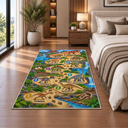 dinosaur footprint counting trail rug displayed in a bedroom beside the bed