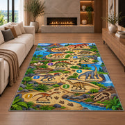 dinosaur footprint counting trail rug displayed in a living room with a fireplace