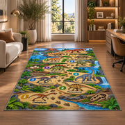 dinosaur footprint counting trail rug displayed in a lounge with wooden shelves
