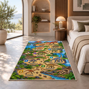dinosaur footprint counting trail rug displayed in a bedroom in sunlight