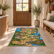 dinosaur footprint counting trail rug displayed in a entryway beside a wooden door