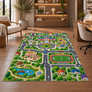 town sports field road map rug displayed in a living room with wooden shelves