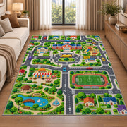 town sports field road map rug displayed in a sunlit lounge beside a sofa