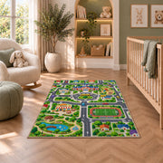 town sports field road map rug displayed in a nursery beside an upholstered chair