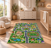 town sports field road map rug displayed in a nursery beside a crib