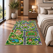 town sports field road map rug displayed in a bedroom beside the bed
