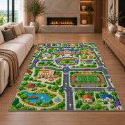 town sports field road map rug displayed in a living room with a fireplace