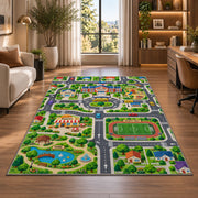 town sports field road map rug displayed in a lounge with wooden shelves