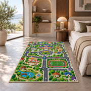 town sports field road map rug displayed in a bedroom in sunlight
