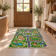 town sports field road map rug displayed in a entryway beside a wooden door
