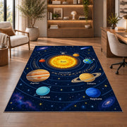 solar system orbit learning map rug displayed in a living room with wooden shelves