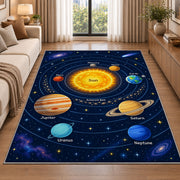 solar system orbit learning map rug displayed in a sunlit lounge beside a sofa