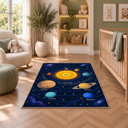 solar system orbit learning map rug displayed in a nursery beside an upholstered chair