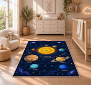 solar system orbit learning map rug displayed in a nursery beside a crib
