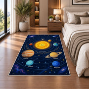 solar system orbit learning map rug displayed in a bedroom beside the bed