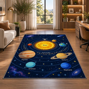 solar system orbit learning map rug displayed in a lounge with wooden shelves