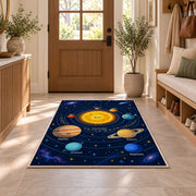 solar system orbit learning map rug displayed in a entryway beside a wooden door
